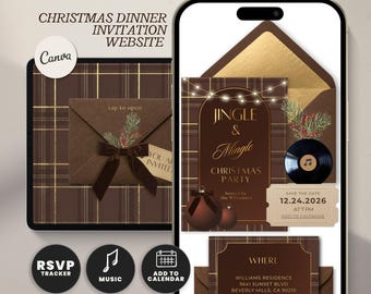 Christmas Dinner Party Invitation with Online RSVP Guest Tracker, Jingle and Mingle Plaid Cocktail Website Evite, Editable Digital Template