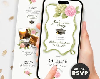 Grad in Bloom Graduation Party Invitation 2026 with Online RSVP, Garden Party Invitation Website,  Text Message Evite Template
