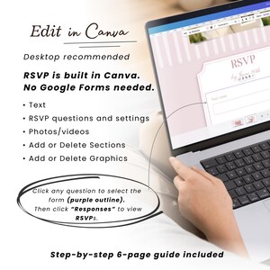 Może przedstawiać: Ekran laptopa wyświetlający interfejs Canva dla formularza RSVP. Tekst po lewej stronie brzmi: Edit in Canva, Desktop recommended, RSVP is built in Canva. No Google Forms needed. Text, RSVP questions and settings, Photos/videos, Add or Delete Sections, Add or Delete Graphics. Odręcznie narysowany okrąg podkreśla instrukcje dotyczące przeglądania odpowiedzi. Dolny tekst brzmi: Step-by-step 6-page guide included.