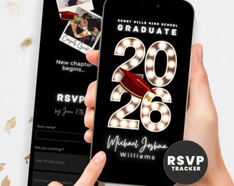 Strona internetowa z zaproszeniami na ukończenie szkoły z RSVP 2026, śledzenie gości, zdjęcia muzyczne, zaproszenie na przyjęcie absolwentów 2026, szablon zaproszenia SMS