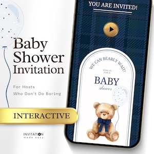 Invito RSVP per baby shower a tema orsacchiotto / Invito elettronico di lusso "We Can Bearly Wait" / Invito a quadri preppy / Modello di bundle digitale con estetica "Old Money"