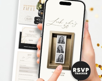 50th Birthday Photo Invitation with RSVP Guest Tracker, Elegant Gold Website Invite for Her, Photo Booth Evite, Text Message Template