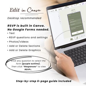 May include: A laptop displaying an RSVP form within the Canva interface. Text on the screen includes "Edit in Canva," "RSVP is built in Canva," and instructions on selecting and viewing responses. A step-by-step 6-page guide is included.