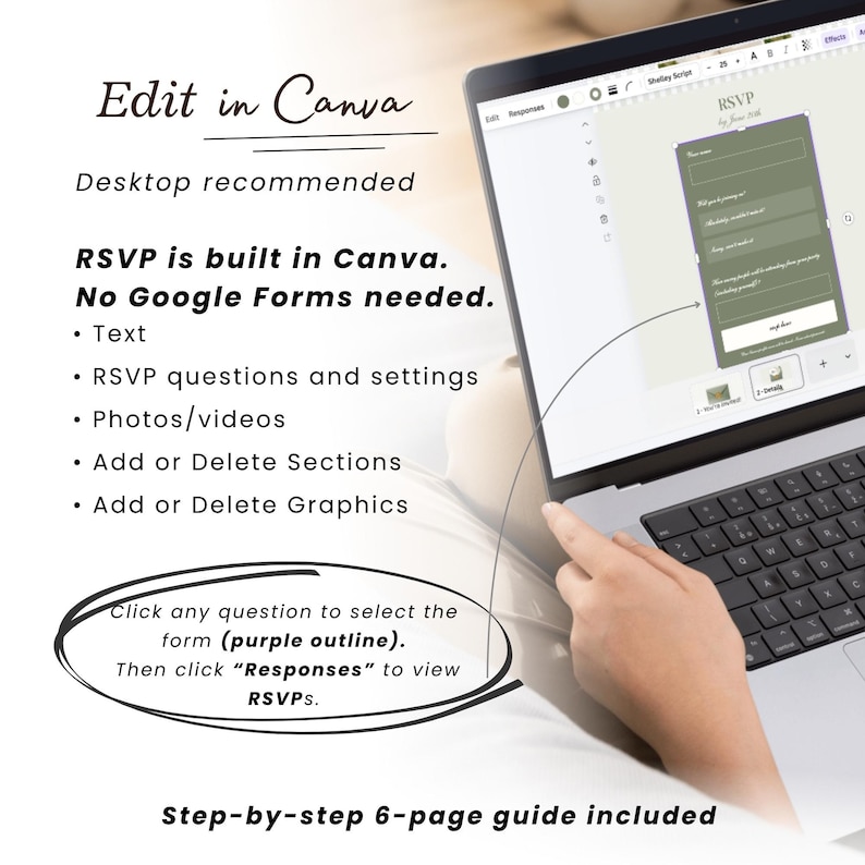 May include: A laptop displaying an RSVP form within the Canva interface. Text on the screen includes "Edit in Canva," "RSVP is built in Canva," and instructions on selecting and viewing responses. A step-by-step 6-page guide is included.