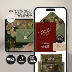May include: A digital 30th birthday invitation website template displayed on a smartphone and tablet screen. The design features dark red and olive green colours, floral patterns, a wax seal, a vinyl record icon, and text including Chloe's 30th Birthday.