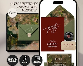 Interactive 30th Birthday Invitation with Online RSVP Guest Tracker, Burgundy Website Invite Template, Text Message Evite
