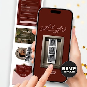 May include: A smartphone screen displaying a digital invitation with a deep red background and the text Look who's 30. The screen features a graphic of a photo booth strip with three black and white portraits inside a metallic frame.