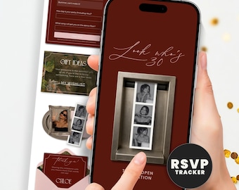 Photo Booth 30th Birthday Invitation with Online RSVP Guest Tracker, Look Who's 30 Burgundy Website Invite Template, Text Message Evite
