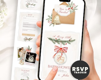 May include: A smartphone screen displaying a digital baby shower invitation with a Christmas theme. The design features a glass ornament containing baby booties, a red ribbon, pine branches, and the text A Merry Little Baby Shower & John.