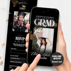 Invitación web de graduación con RSVP 2026, sitio web digital de graduación Evite, invitación a fiesta de graduación en línea, plantilla de Canva, mensaje de texto de Evite