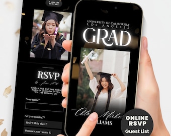 Zaproszenie internetowe na ukończenie studiów z RSVP 2026, cyfrowe zaproszenie na stronę internetową z okazji ukończenia studiów, zaproszenie na przyjęcie online z okazji ukończenia studiów, szablon Canva, zaproszenie SMS