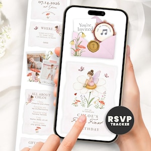 May include: A smartphone displaying a digital invitation for a first birthday party featuring fairy and floral illustrations. The screen shows a pink envelope with a wax seal, a music icon, and a card with a fairy sitting on a daisy. Text includes Chloe's First Birthday and RSVP Tracker.