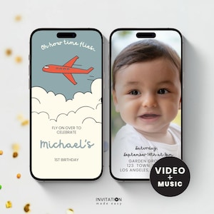 Convite de Aniversário de 1 Ano com Vídeo Animado de Avião: O Tempo Voa - Modelo de Convite Eletrônico para Aniversário de 1 Ano (Download Digital)