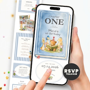 Może przedstawiać: Smartfon wyświetla cyfrowe zaproszenie na 1. urodziny Miki. Zaproszenie zawiera niebieski projekt książki z ilustracjami postaci z bajek. Data to 14 lipca 2026 r., z narzędziem do śledzenia RSVP.