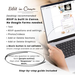 May include: A laptop displaying a Canva RSVP form with text instructions. The screen shows a form with fields and graphics. Text on the screen includes "Edit in Canva" and "RSVP is built in Canva." A hand is pointing at the screen.