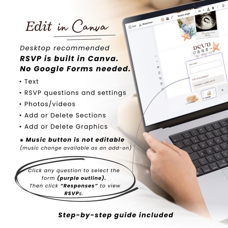 May include: A laptop displaying a Canva RSVP form with text instructions. The screen shows a form with fields and graphics. Text on the screen includes "Edit in Canva" and "RSVP is built in Canva." A hand is pointing at the screen.