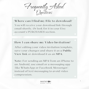 May include: A white background with a light blue box containing frequently asked questions about downloading and sharing video invitations. The text includes instructions on how to find the download link and how to share the video invitation as an MP4 file.