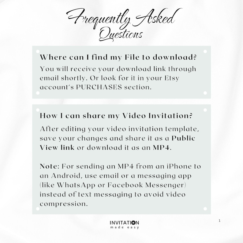May include: A white background with a light blue box containing frequently asked questions about downloading and sharing video invitations. The text includes instructions on how to find the download link and how to share the video invitation as an MP4 file.
