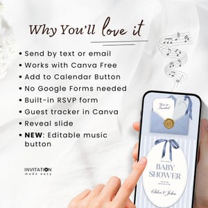 May include: A smartphone displays a baby shower invitation with a blue and white design. The invitation includes text and graphics, with a musical note design. The text reads "Baby Shower" and "Chloe & John". The image also includes a list of features.
