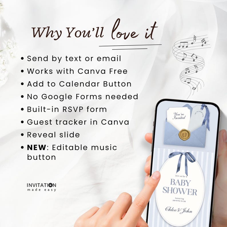 May include: A smartphone displays a baby shower invitation with a blue and white design. The invitation includes text and graphics, with a musical note design. The text reads "Baby Shower" and "Chloe & John". The image also includes a list of features.
