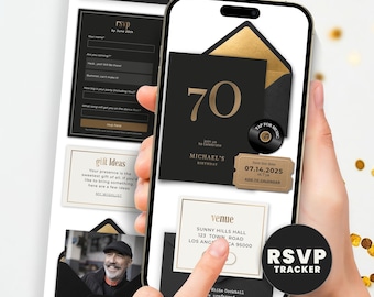 70th Birthday Invitation for Men, Black and Gold Digital Evite, Website Invite with RSVP Guest Tracker, Editable Canva Template