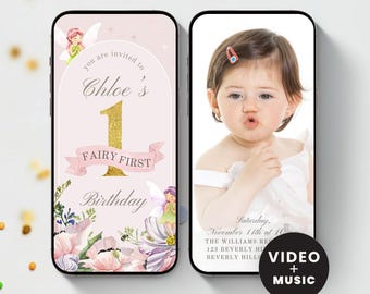 Fairy First Birthday Video Invitation with Photos, Boho Arch 1st Birthday Invite, Enchanted Garden Animated Digital Invite,  Evite Template
