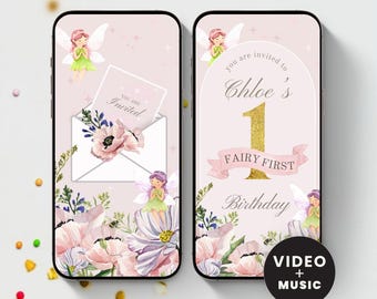 Wideo zaproszenie na pierwsze urodziny wróżki ze zdjęciami, zaproszenie na pierwsze urodziny w stylu Boho Arch, animowane cyfrowe zaproszenie Enchanted Garden, szablon zaproszenia