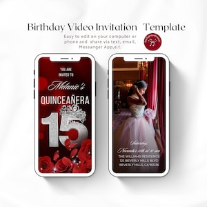 15th Birthday Video Invitation Quince Invite Quinceañera Paperless Quinceanera Invitation Sweet 15 Red Roses Invitation Editable Template