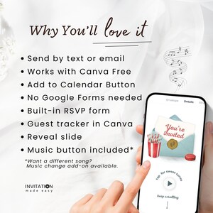 May include: A smartphone displays a digital invitation with the text "You're Invited." The image highlights features like text/email sending, Canva integration, and a music button. The phrase "Why You'll love it" is at the top.