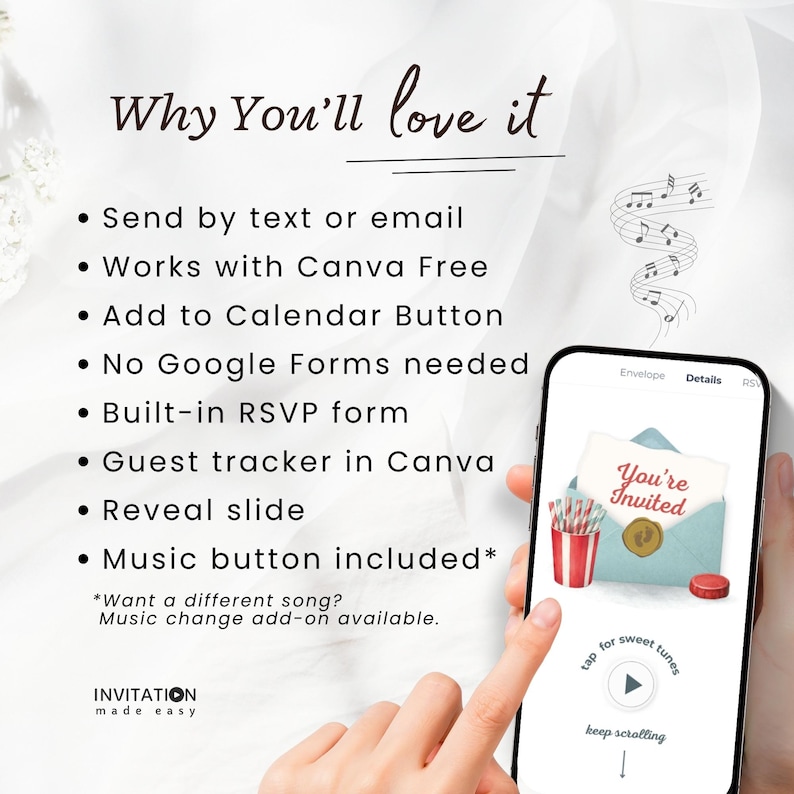 May include: A smartphone displays a digital invitation with the text "You're Invited." The image highlights features like text/email sending, Canva integration, and a music button. The phrase "Why You'll love it" is at the top.