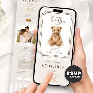 Peut inclure: Une invitation numérique pour une fête prénatale affichée sur un écran de smartphone avec une illustration d'ours en peluche marron, le texte We can BEARly wait et les prénoms Chloe et John sur un fond à rayures verticales blanches et beiges.