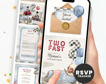 Two Fast Birthday Invitation with Online RSVP Guest Tracker, Race Car 2nd Party Website Evite, Editable Digital Template