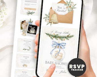 May include: A digital baby shower invitation displayed on a smartphone screen, featuring a watercolour illustration of a glass ornament containing baby booties, a pine branch, a brown envelope with a bell, and the text A Merry Little Baby Shower.