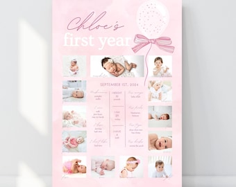 Pink Bow First Birthday Milestone Poster: Editable Template (Digital Download)