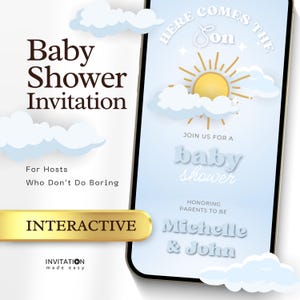 Invito per baby shower "Here Comes the Son" / Modello digitale interattivo con RSVP, musica, registro / Invito Canva modificabile per bambini