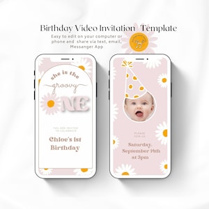 Groovy ONE First Birthday Girl Party Video Invitation, 1st Birthday Retro Daisy Arch Animated Digital Invite, Onederful Evite Template