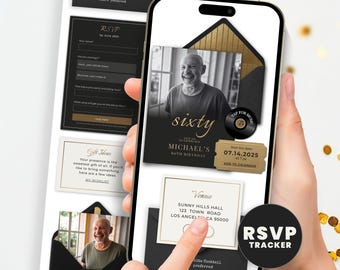 60th Birthday Invitation for Men, Black and Gold Photo Evite, Website Invite with RSVP Guest Tracker, Editable Canva Template
