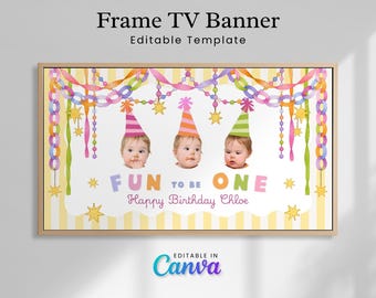 Fun To Be One Frist Birthday Frame TV Banner, Editable Birthday TV Display, One Is Fun 1st Bday Party Decor Canva Template