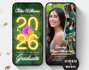 Graduation Video Invitation, Hawaiian Neon Animated Grad Announcement, Graduation Invite, Grad Party Evite, Template, Instant Download