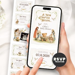 En webbplats för babyshowerinbjudningar till New Chapter, berättelsebok med online-OSA och gästspårning, redigerbar Canva-mall