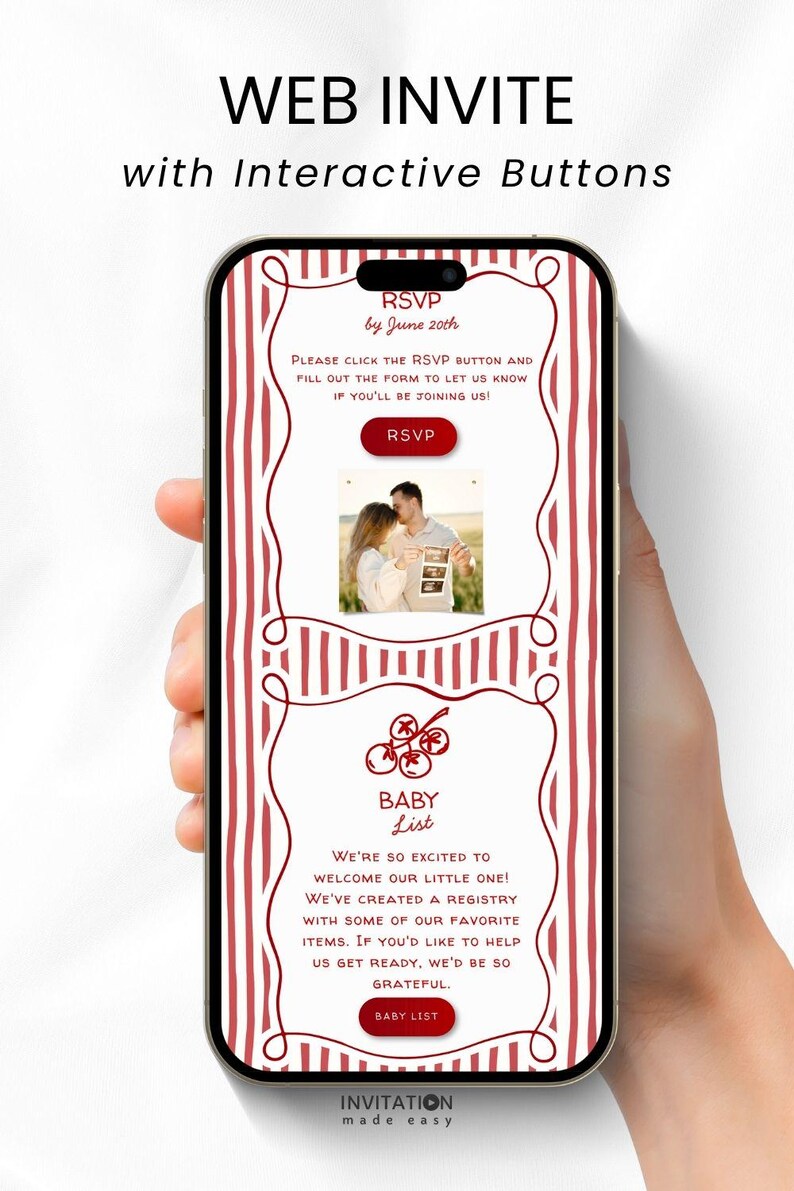 May include: A smartphone displays a baby shower invitation with red and white striped borders. The invitation includes an RSVP section, a photo of a couple, and a baby registry section. Text on the screen reads "WEB INVITE" and "INVITATION made easy."