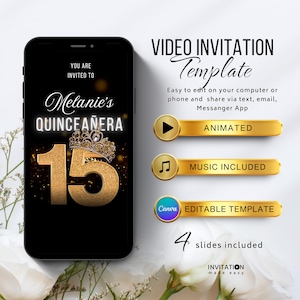 Quinceañera Video Invitation, Digital Sweet 15 Animated Digital Invite with Music, Photos & Tiara, Mis Quince Años Evite Princess Theme