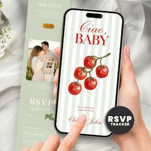 以下が含まれることがあります： スマートフォンには、「Ciao Baby」の文字とトマトのイラストが描かれたベビーシャワーの招待状が表示されています。招待状にはRSVPの詳細とトラッカーボタンが含まれています。背景はストライプ模様です。