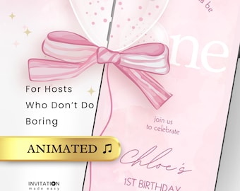 Pink Bow Coquette First Birthday Video Invitation with Photos, Girls Just Wanna Be One 1st Birthday Invite, Animated Digital Evite Template