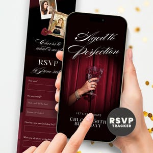 May include: A smartphone displays a 50th birthday party invitation with the text "Aged to Perfection." The invitation features a hand holding a crystal wine glass in front of a red curtain. An RSVP tracker is visible. A matching invitation is on the left.