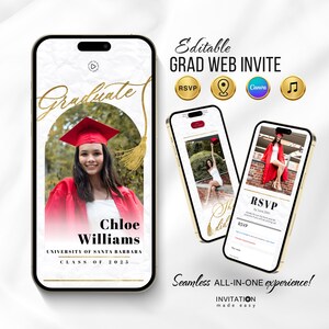 Abitur-Webeinladung mit Antwortkarte - Digital Party Interaktiv einladen, Musik & Karte, Klasse Von 2025, Website Canva Template, Sofort Download