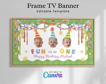 Boy Fun To Be One Frist Birthday Frame TV Banner, Editable Birthday TV Display, One Is Fun 1st Bday Party Decor Canva Template