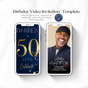 50th Men Birthday Video Invitation, Editable Template, 50th Birthday For Men Birhtday Invite, Gold and Red Evite, Instant Download