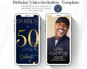 50th Men Birthday Video Invitation, Editable Template, 50th Birthday For Men Birhtday Invite, Gold and Red Evite, Instant Download