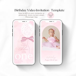 Rosa Schleife zum ersten Geburtstag Videoeinladung mit Fotos, Kokette 1. Geburtstag einladen, jedes Alter animierte digitale Einladung, Evite bearbeitbare Vorlage